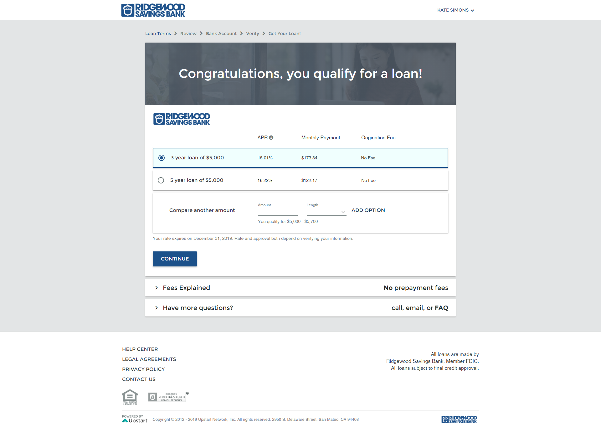 screenshot shows step 1 of the loan application