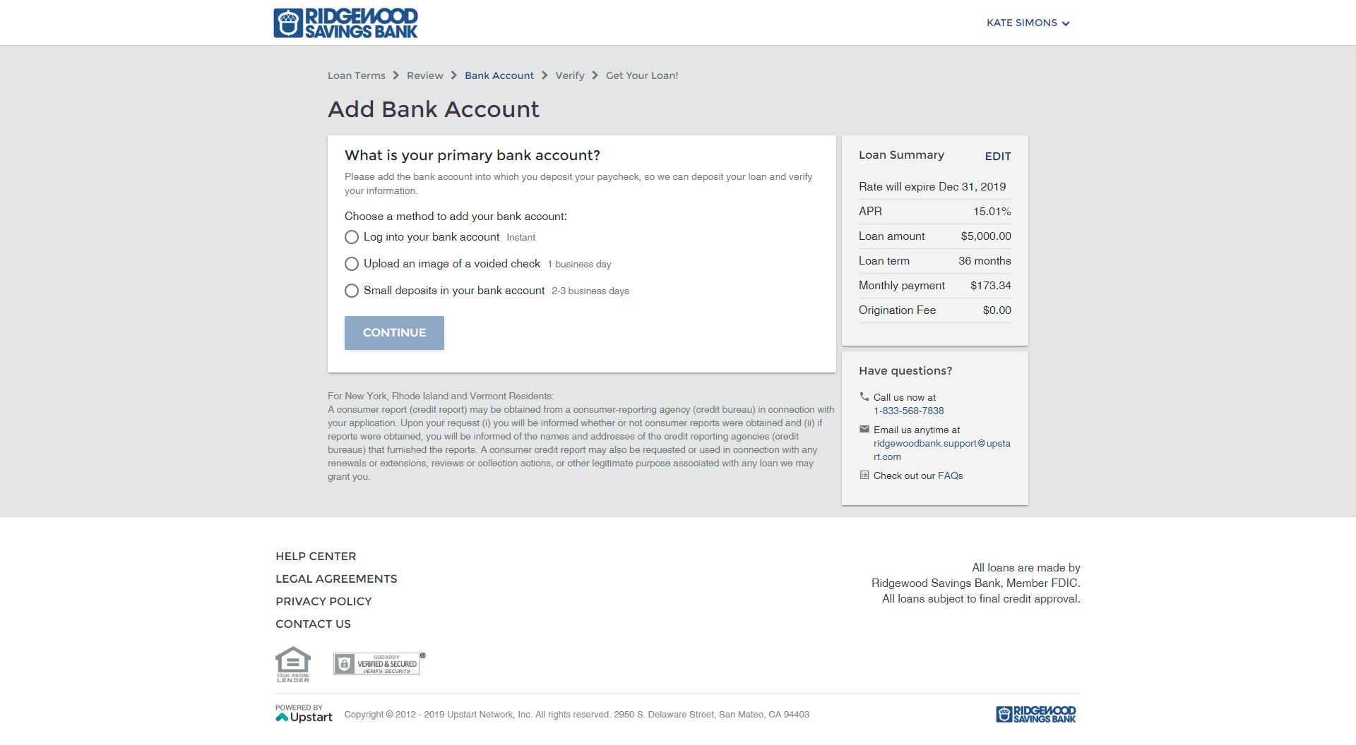screenshot shows step 2 of the loan application