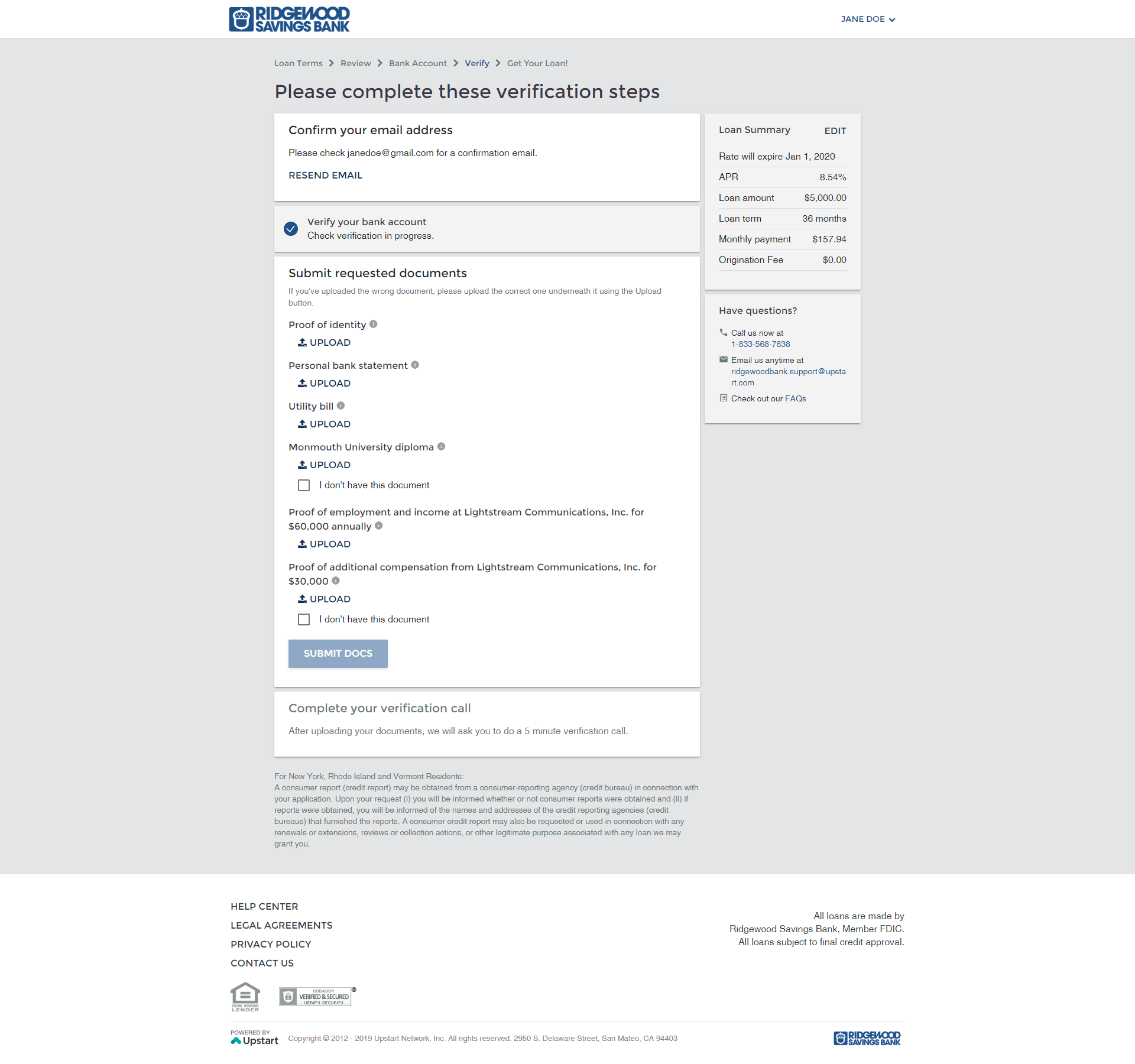 screenshot shows step 3 of the loan application